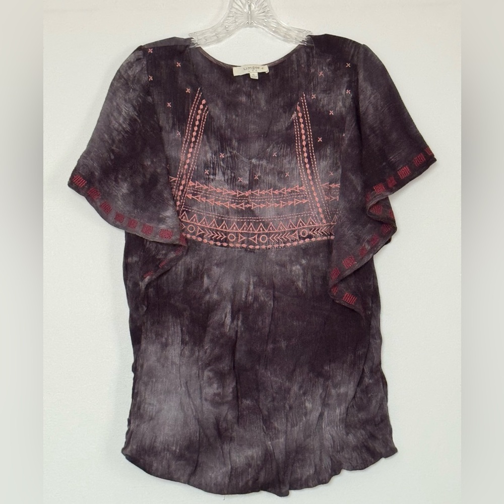 UMGEE XL V-Neck Embroidered Short Sleeve Flutter Boho Tie-dye Top High Low